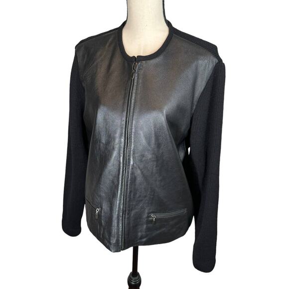 Coldwater Creek Leather and Merino‎ Wool Zip Front Jacket Black Medium - Picture 1 of 8